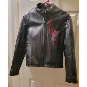Fox Creek Woman's Leather Jacket - Black with Red Stitching - Medium